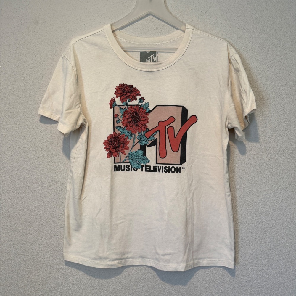 MTV Music Television Floral Logo Graphic Tee Cream Red Flowers Womens L